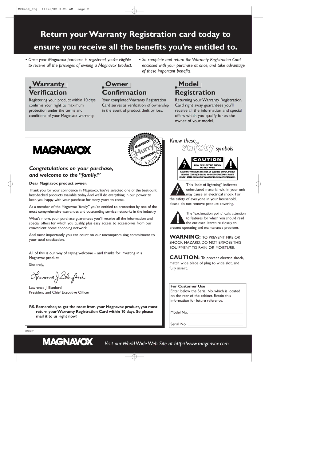 Magnavox MSW 990/17, MCS 990/17 Dear Magnavox product owner, Prevent operating and maintenance problems, For Customer Use 