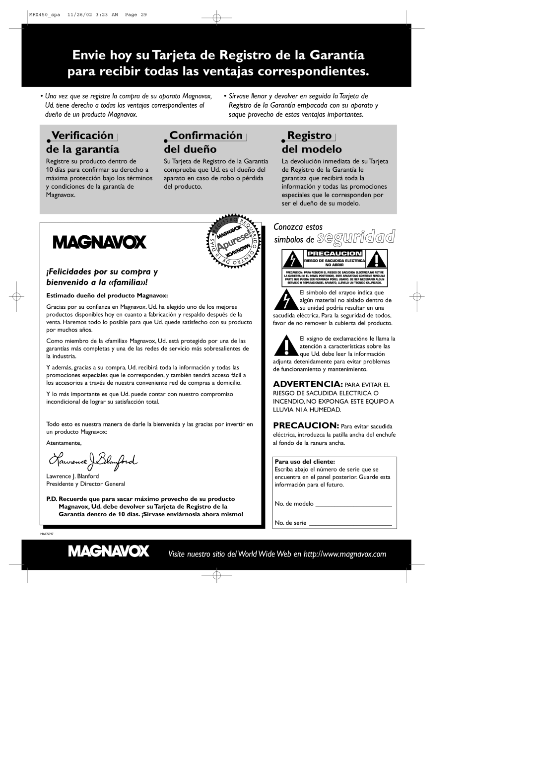 Magnavox MSW 990/17, MCS 990/17, MMX450/17 manual Estimado dueño del producto Magnavox, Para uso del cliente 