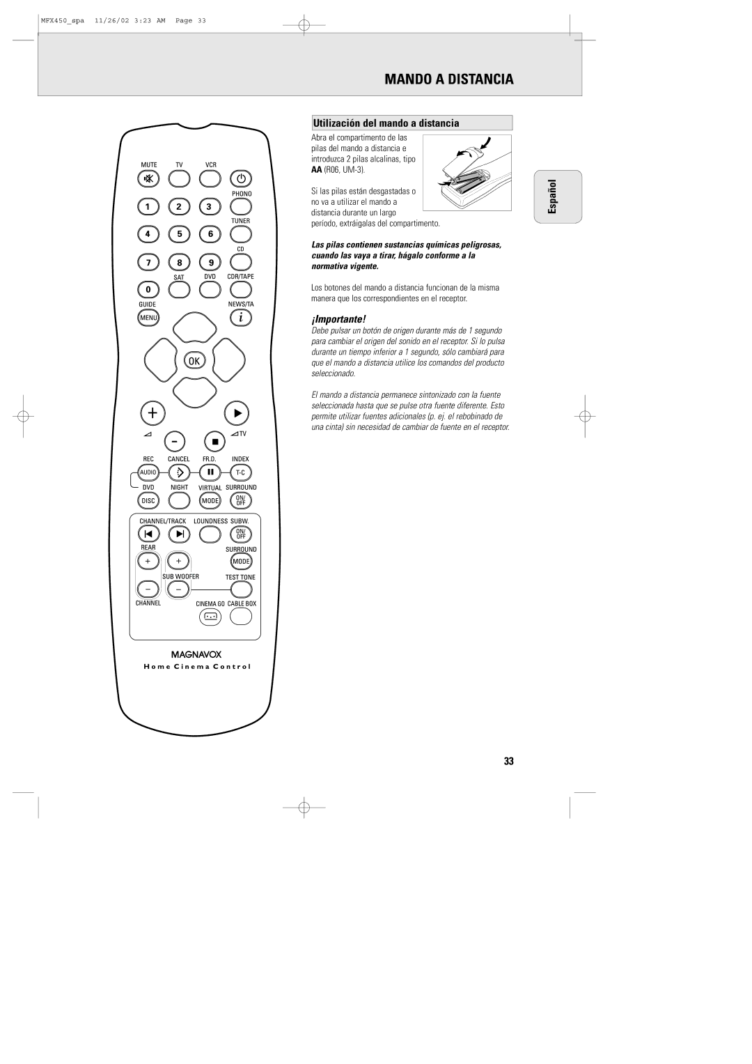 Magnavox MCS 990/17, MSW 990/17, MMX450/17 manual Mando a Distancia, Utilización del mando a distancia 