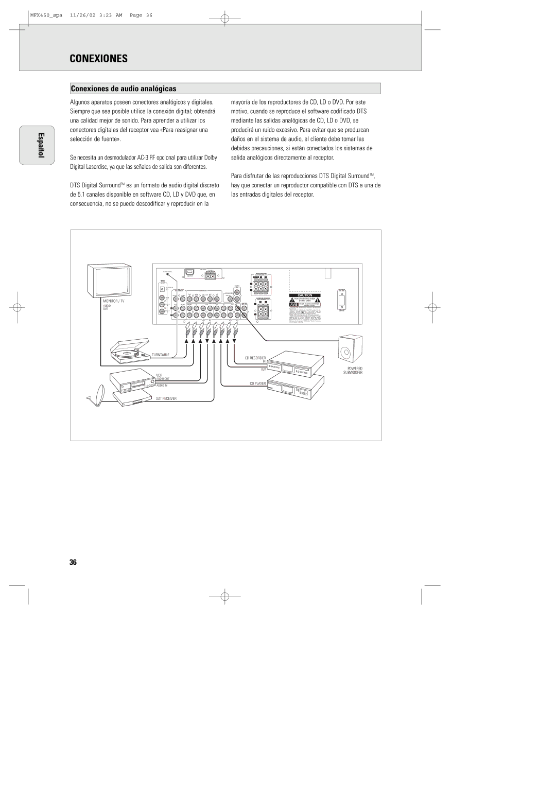 Magnavox MCS 990/17, MSW 990/17, MMX450/17 manual Conexiones de audio analógicas Español 