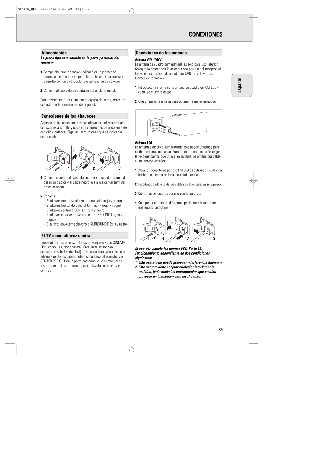 Magnavox MCS 990/17, MSW 990/17, MMX450/17 Alimentación, Conexiones de las antenas, Español Conexiones de los altavoces 