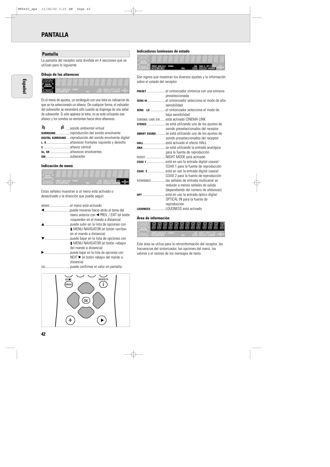 Magnavox MCS 990/17, MSW 990/17, MMX450/17 manual Español Pantalla 