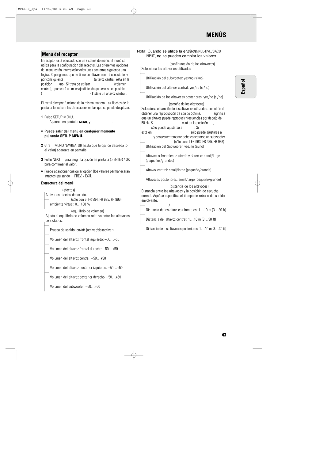 Magnavox MMX450/17, MSW 990/17, MCS 990/17 manual Menús, Menú del receptor, Estructura del menú 