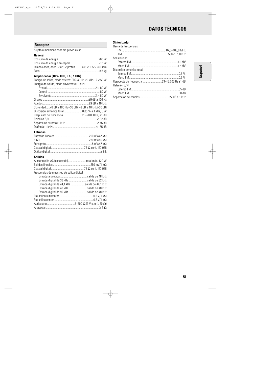 Magnavox MCS 990/17, MSW 990/17 manual Datos Técnicos, Receptor, Amplificador 10 % THD, 6 Ω, 1 kHz, Salidas, Sintonizador 