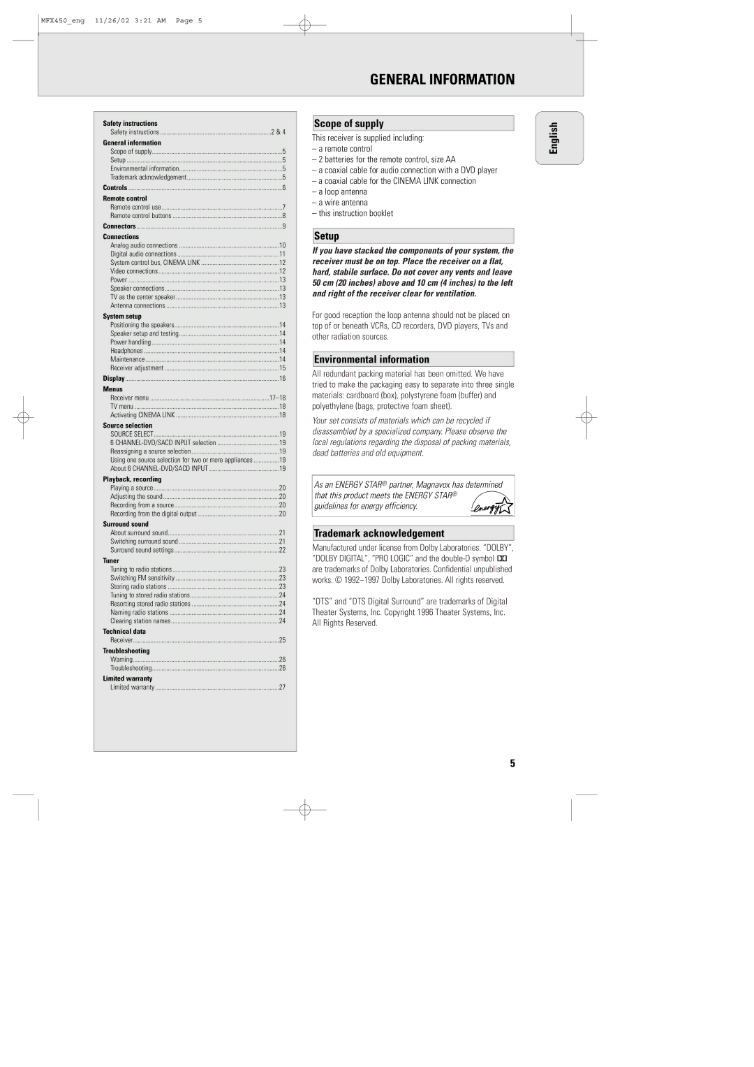 Magnavox MSW 990/17 General Information, Scope of supply, Setup, Environmental information, Trademark acknowledgement 