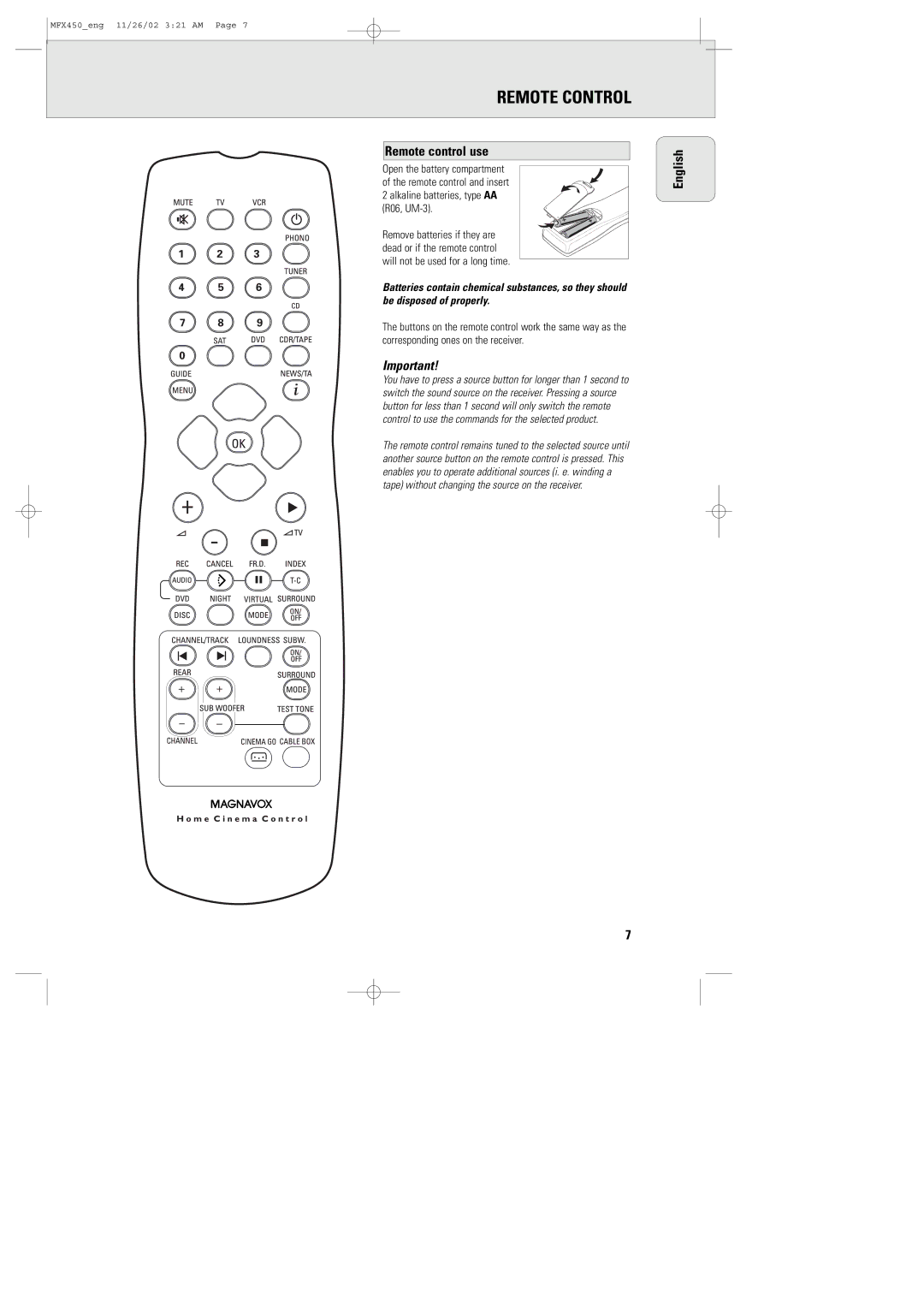 Magnavox MMX450/17, MSW 990/17, MCS 990/17 manual Remote Control, Remote control use 