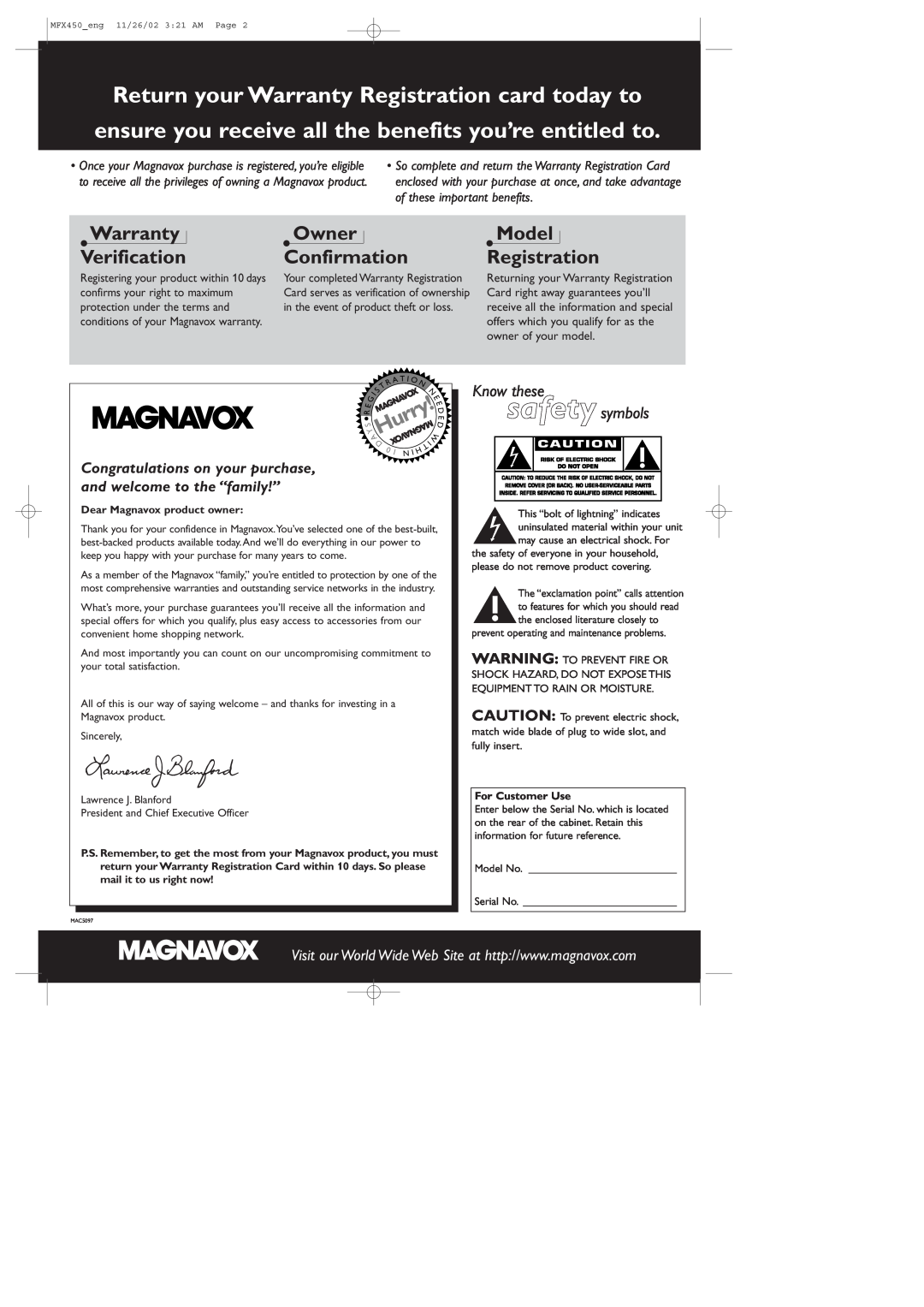 Magnavox MSW 990/17, MCS 990/17, MMX450/17 manual Warranty Verification, Owner Confirmation, Model Registration, Hurry 