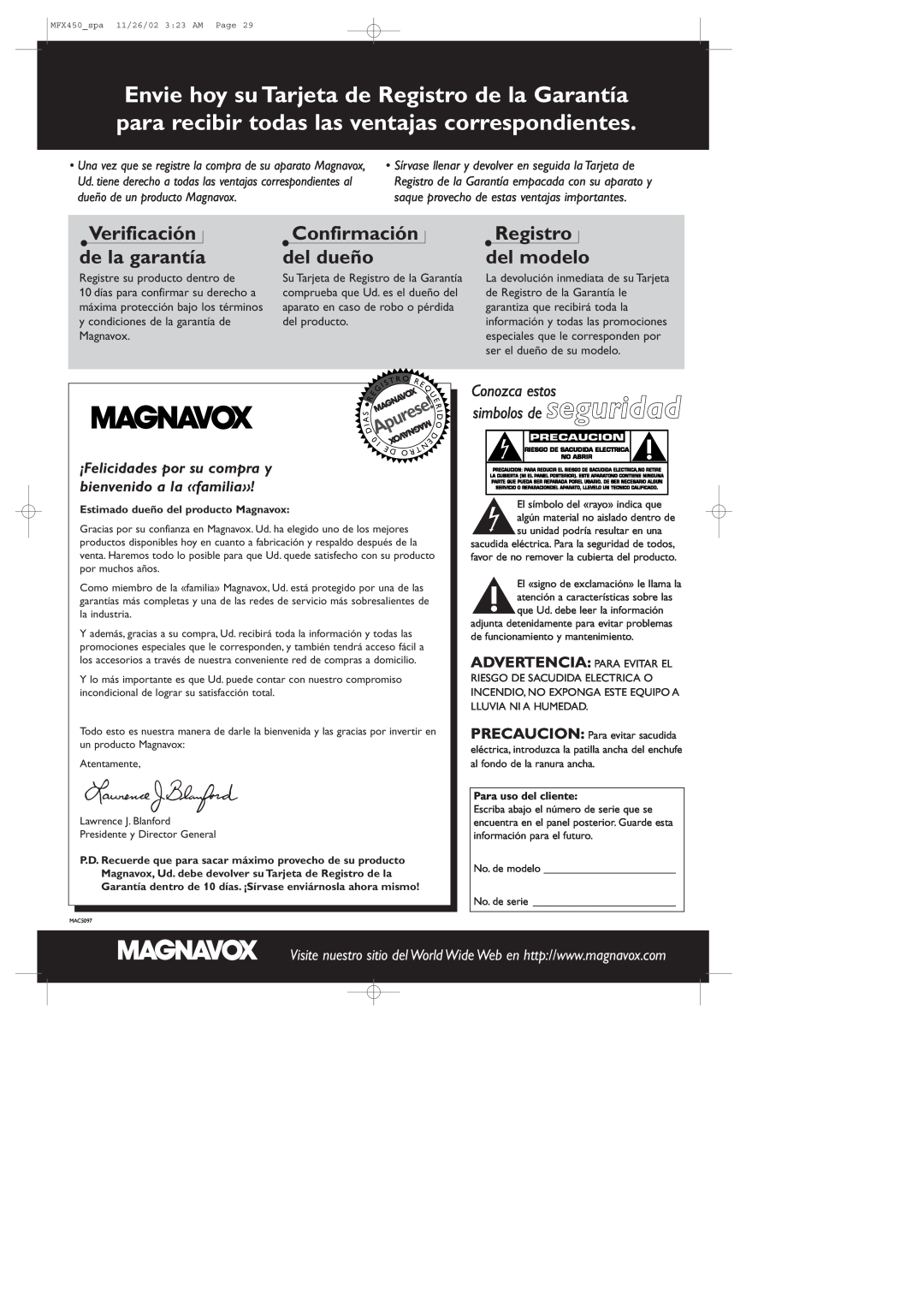 Magnavox MSW 990/17, MCS 990/17 manual Verificación de la garantía, Confirmación del dueño, Registro del modelo, Apurese 