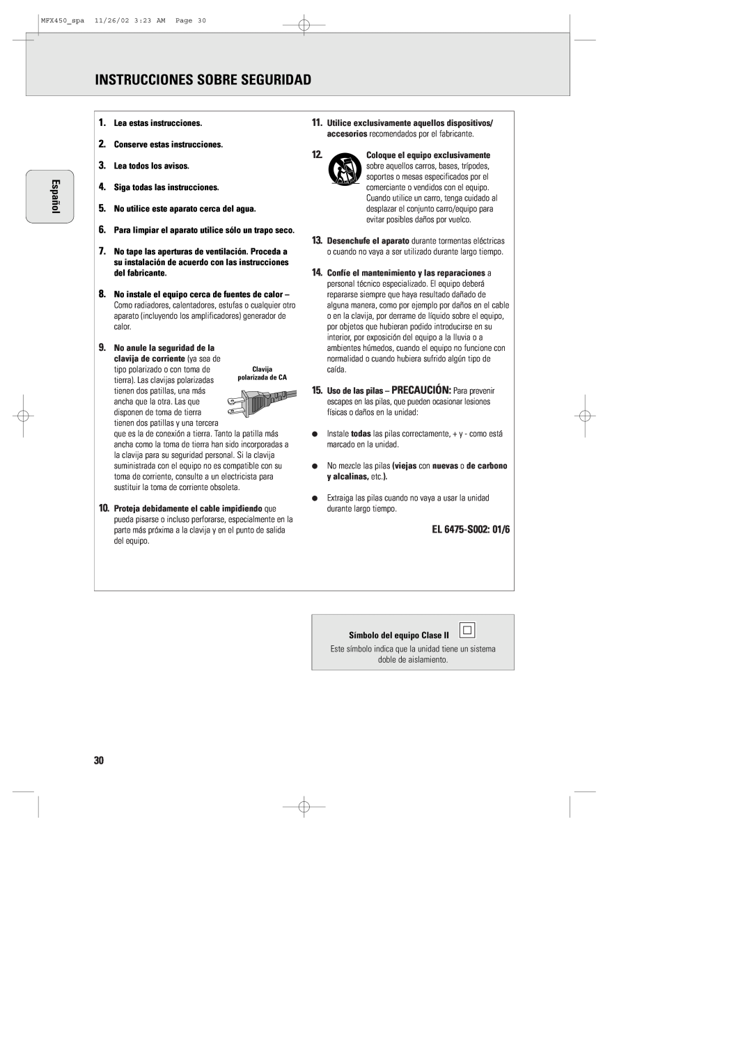 Magnavox MCS 990/17, MSW 990/17, MMX450/17 manual Instrucciones Sobre Seguridad, Español, EL 6475-S002 01/6 