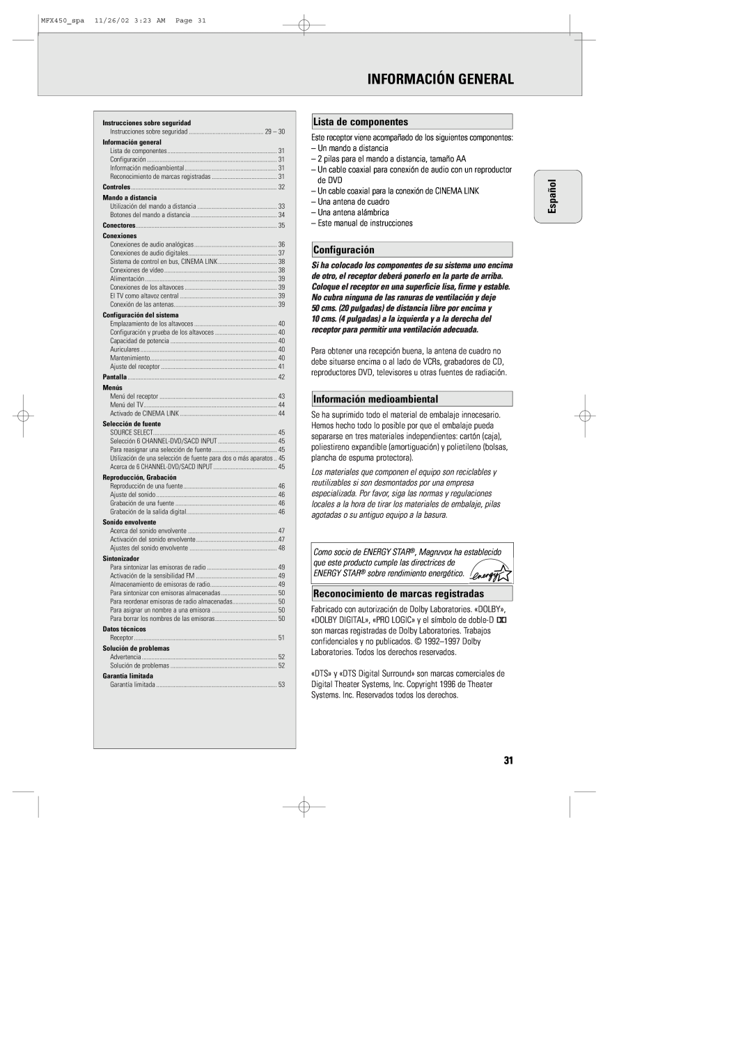 Magnavox MMX450/17 manual Información General, Lista de componentes, Configuración, Información medioambiental, Español 