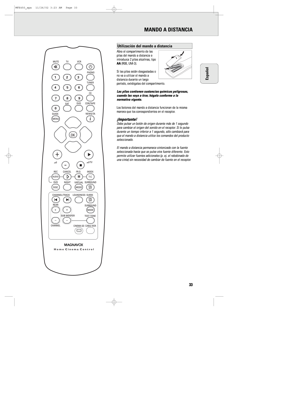 Magnavox MCS 990/17, MSW 990/17, MMX450/17 manual Mando A Distancia, Utilización del mando a distancia, ¡Importante, Español 