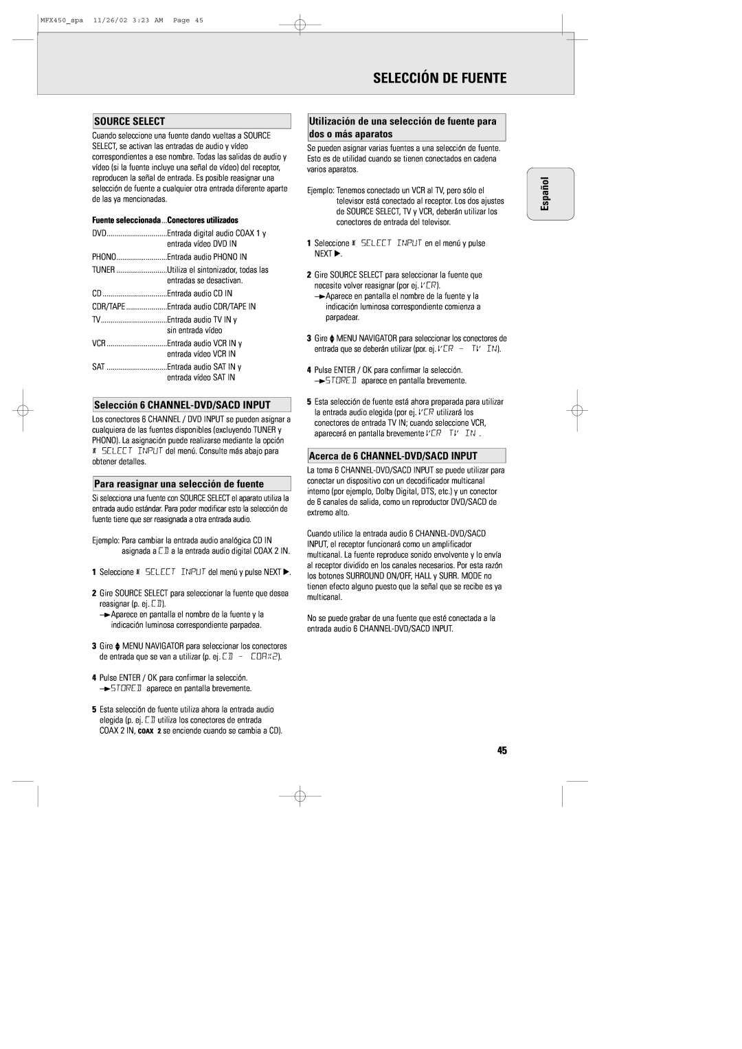 Magnavox MCS 990/17 manual Selección De Fuente, Selección 6 CHANNEL-DVD/SACDINPUT, Para reasignar una selección de fuente 