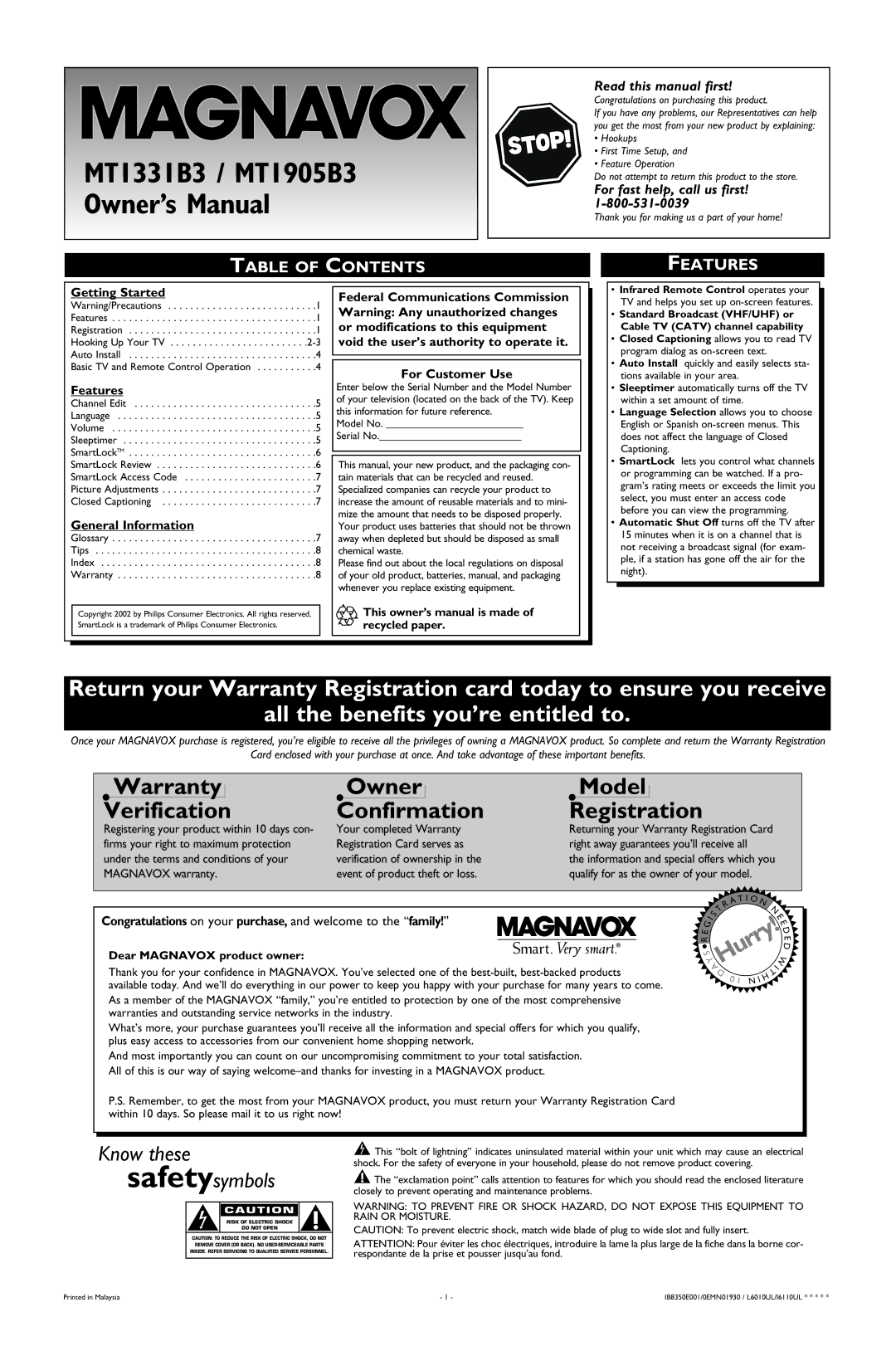 Magnavox warranty MT1331B3 / MT1905B3, Table of Contents Features 