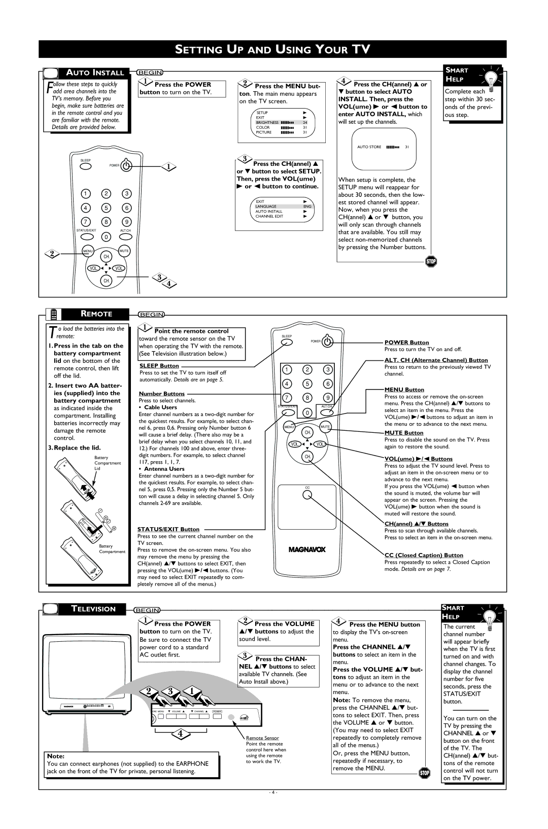 Magnavox MT1905B3, MT1331B3 warranty Setting UP and Using Your TV, Auto Install, Remote, Television, Press the Power 