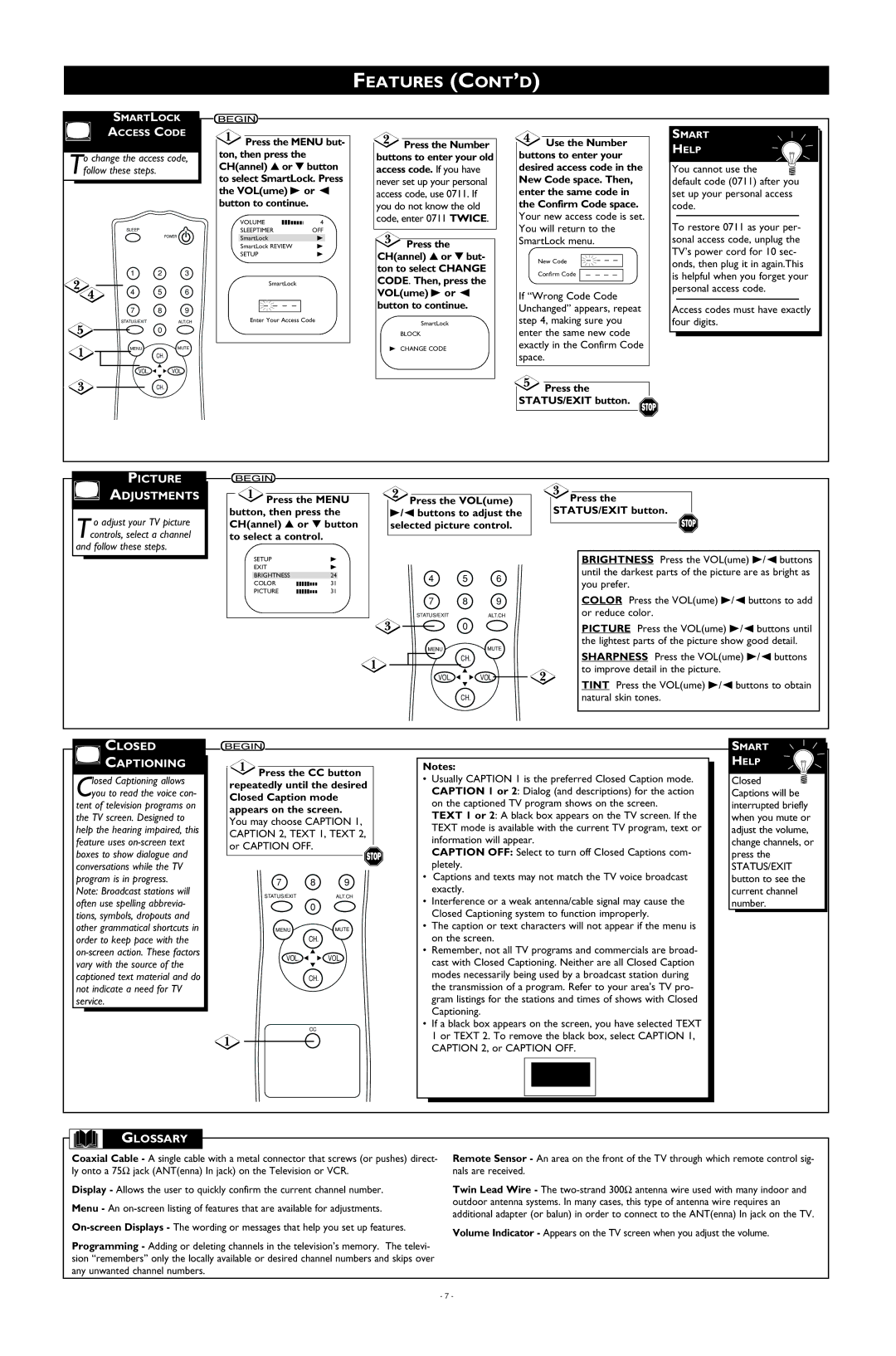 Magnavox MT1331B3, MT1905B3 Picture Adjustments, Closed Captioning, Glossary, Access codes must have exactly four digits 