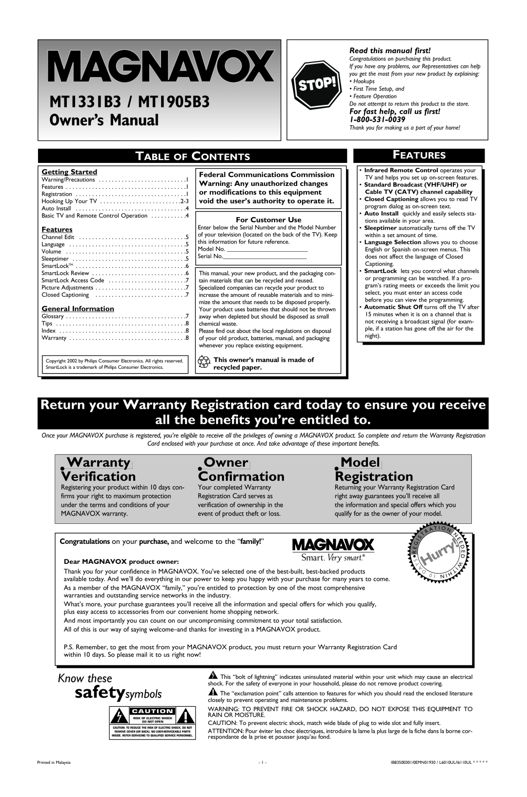 Magnavox MT1331B3 warranty Table Of Contents, Features, Getting Started, General Information, For Customer Use, Hurry 
