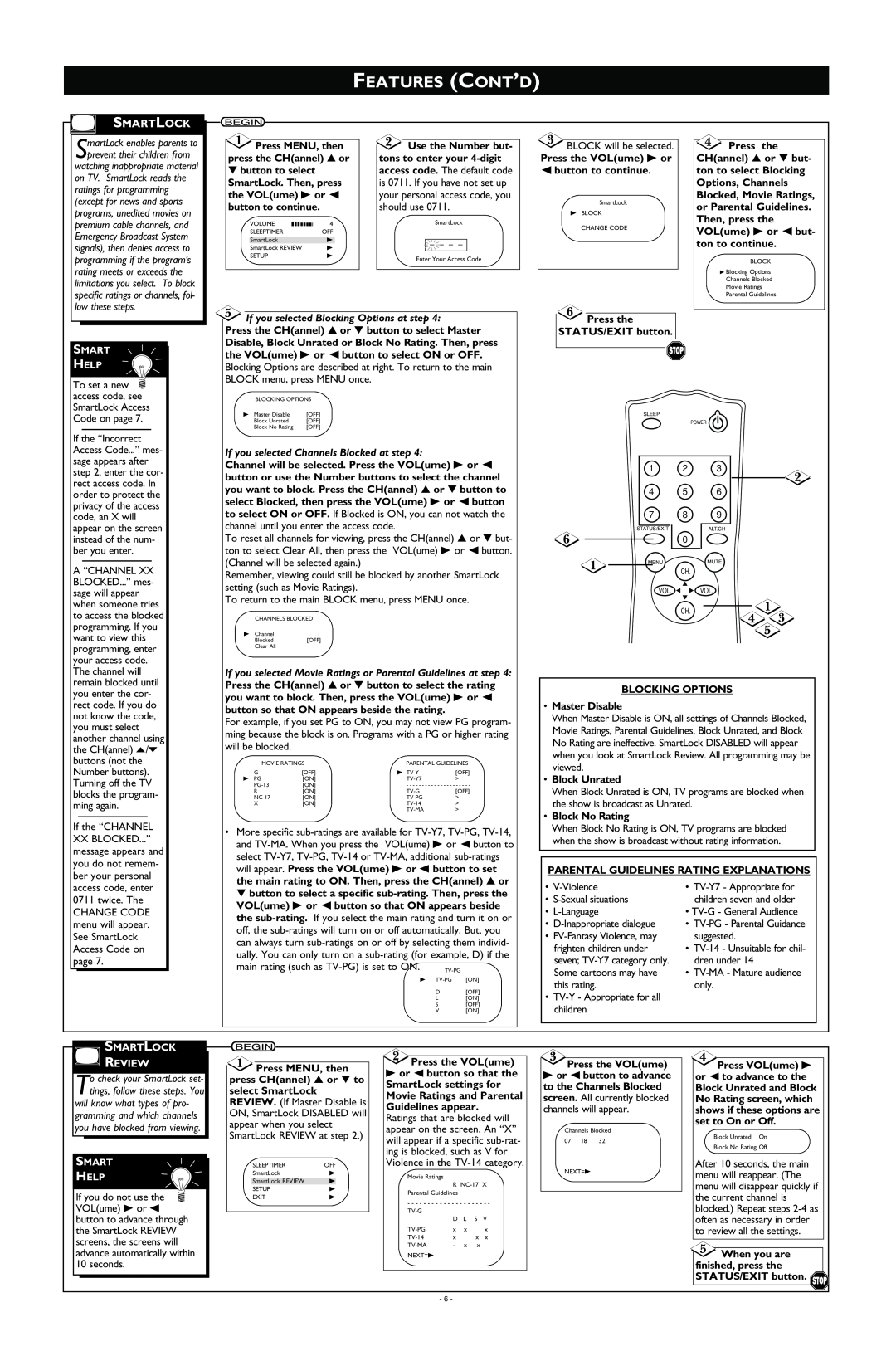 Magnavox MT1905B3 warranty Features Cont’D, low these steps, If you selected Blocking Options at step, Smartlock Review 
