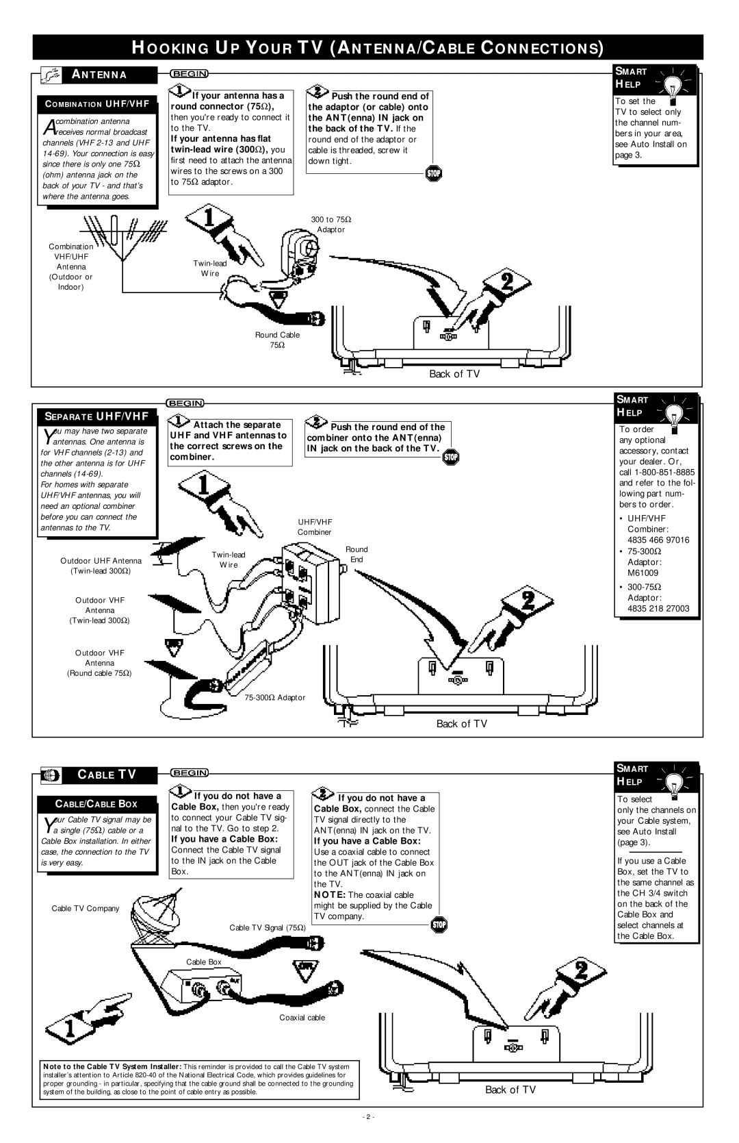 Magnavox MT1931B, MT1340B warranty Hooking UP Your TV ANTENNA/CABLE Connections, Antenna, Cable TV 