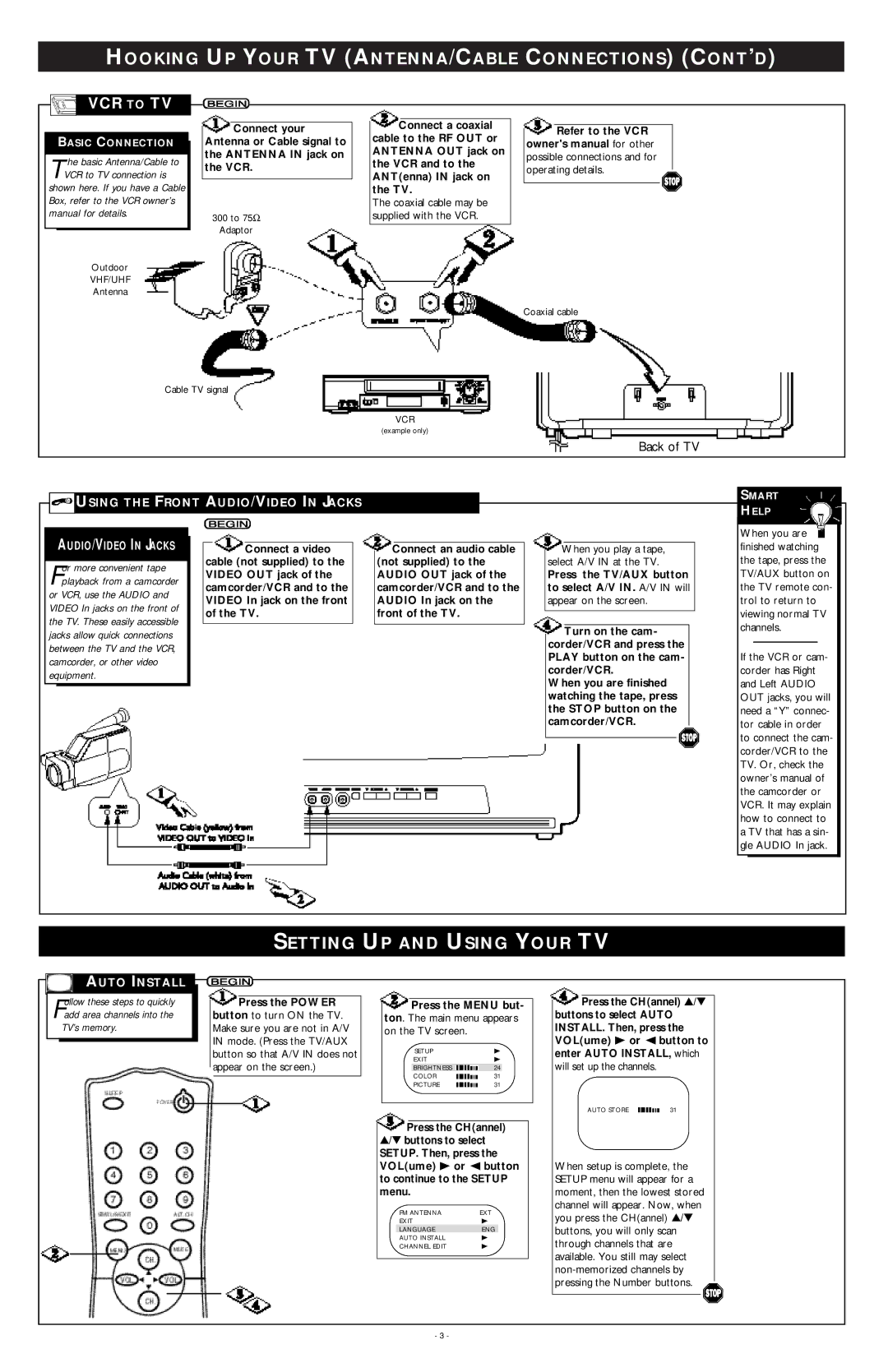 Magnavox MT1340B Hooking UP Your TV ANTENNA/CABLE Connections CONT’D, Setting UP and Using Your TV, AUDIO/VIDEO in Jacks 