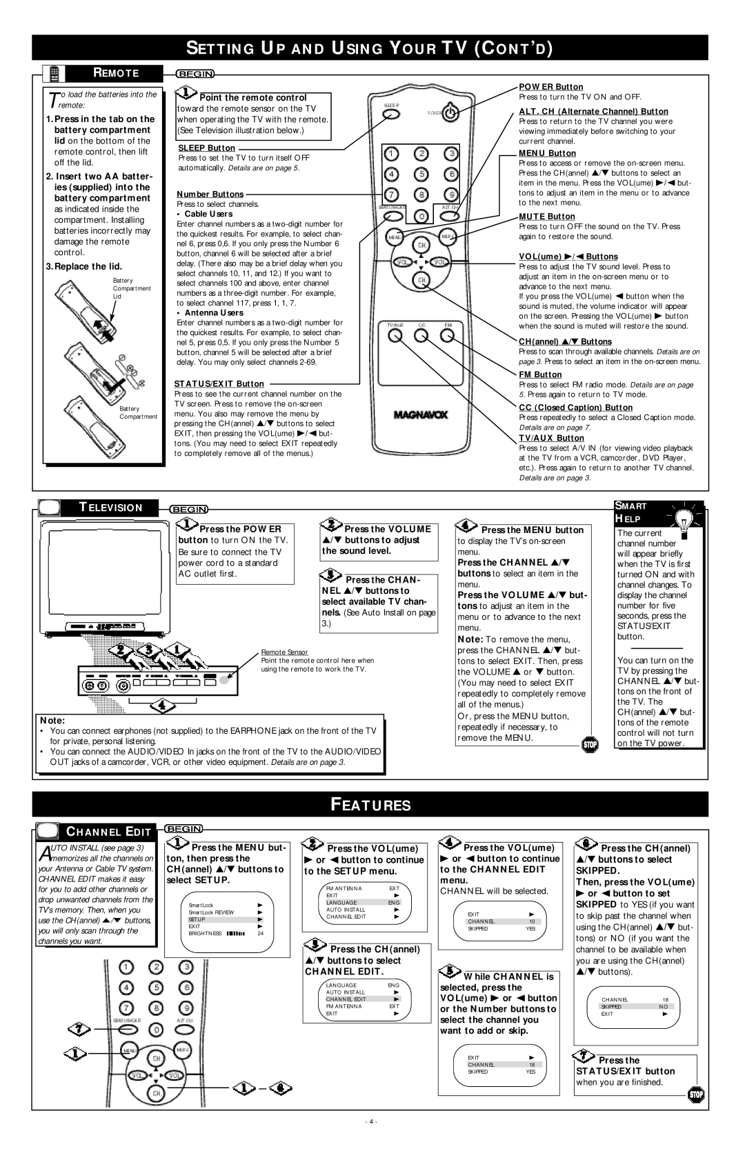 Magnavox MT1931B, MT1340B warranty Setting UP and Using Your TV CONT’D, Remote, Television, Channel Edit 