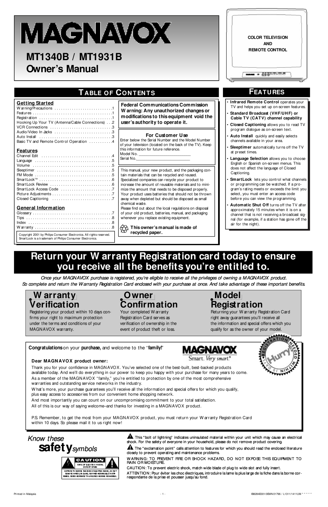 Magnavox MT1340B, MT1931B warranty Table Of Contents, Features, Getting Started, General Information, For Customer Use 