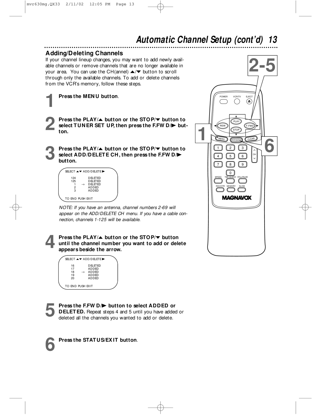 Magnavox MVR430MG, MVR630MG owner manual Automatic Channel Setup cont’d, Adding/Deleting Channels 