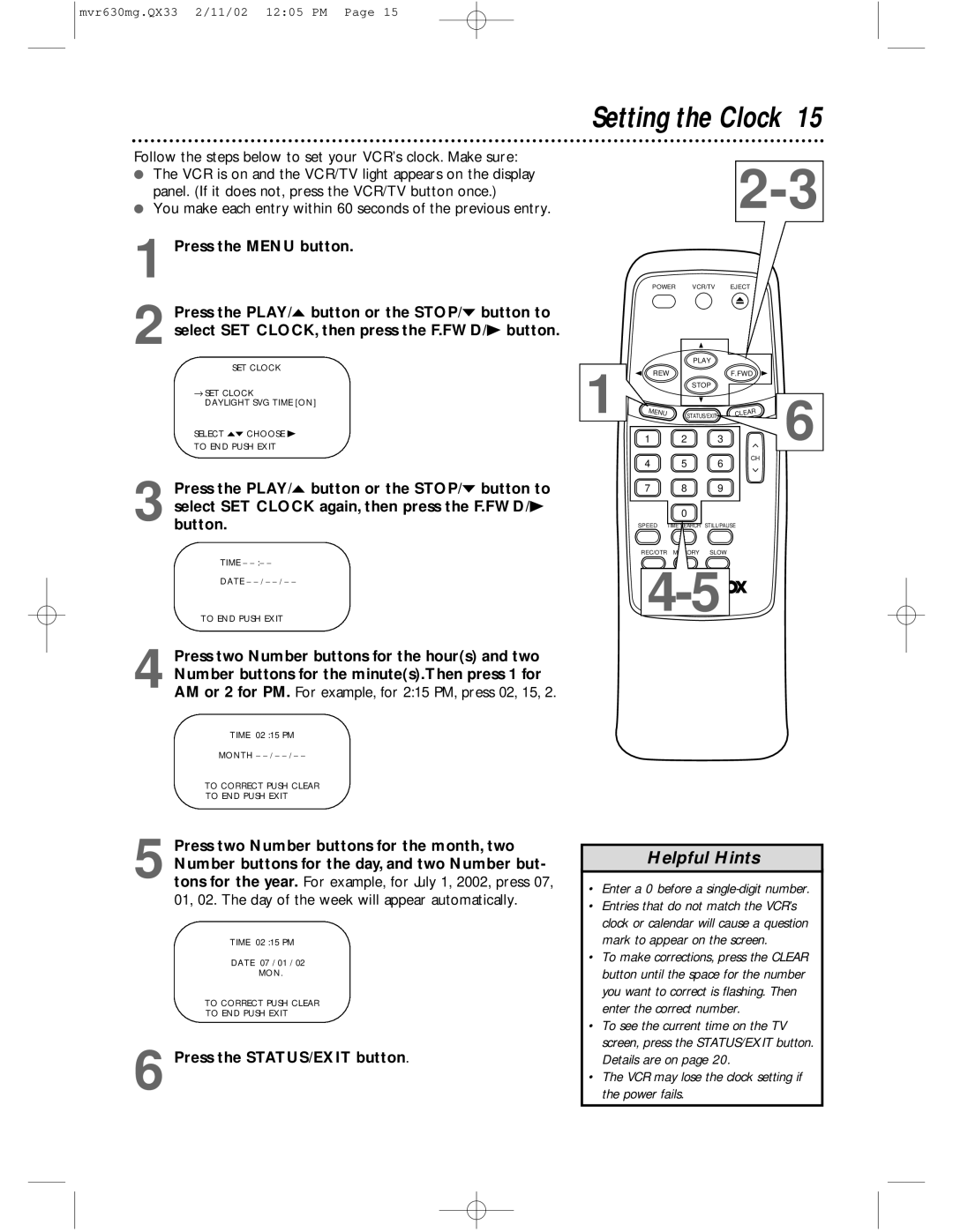 Magnavox MVR430MG, MVR630MG owner manual Setting the Clock, Button, Enter a 0 before a single-digit number 