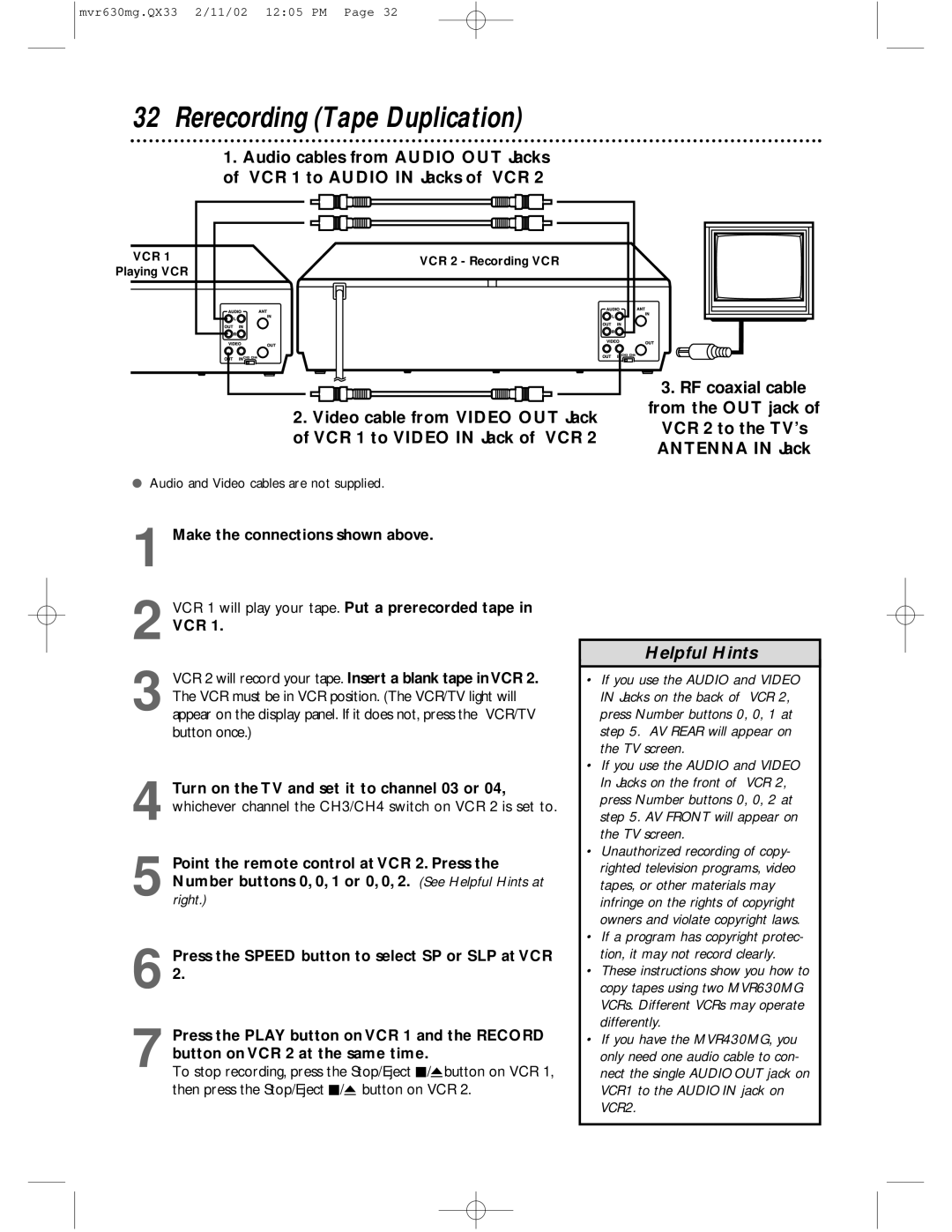 Magnavox MVR630MG, MVR430MG owner manual Rerecording Tape Duplication, Make the connections shown above, Vcr 