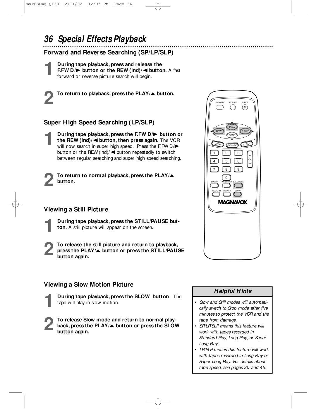 Magnavox MVR630MG Special Effects Playback, Forward and Reverse Searching SP/LP/SLP, Super High Speed Searching LP/SLP 