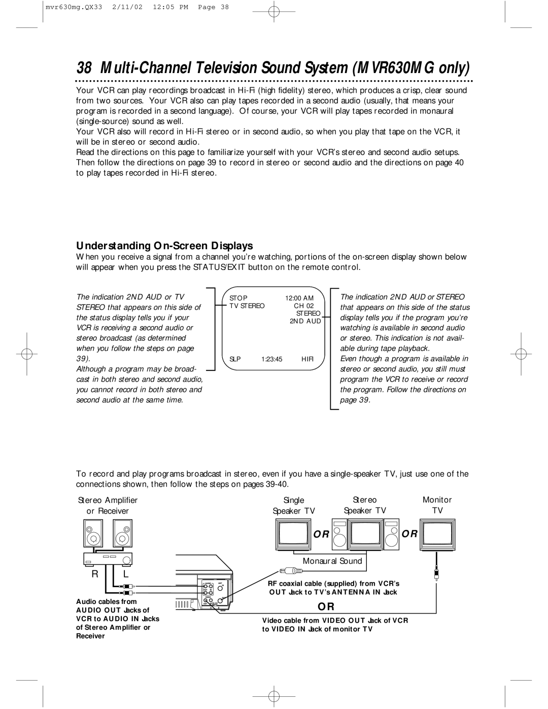 Magnavox MVR630MG, MVR430MG owner manual Understanding On-Screen Displays, Monitor, Or Receiver, Monaural Sound 