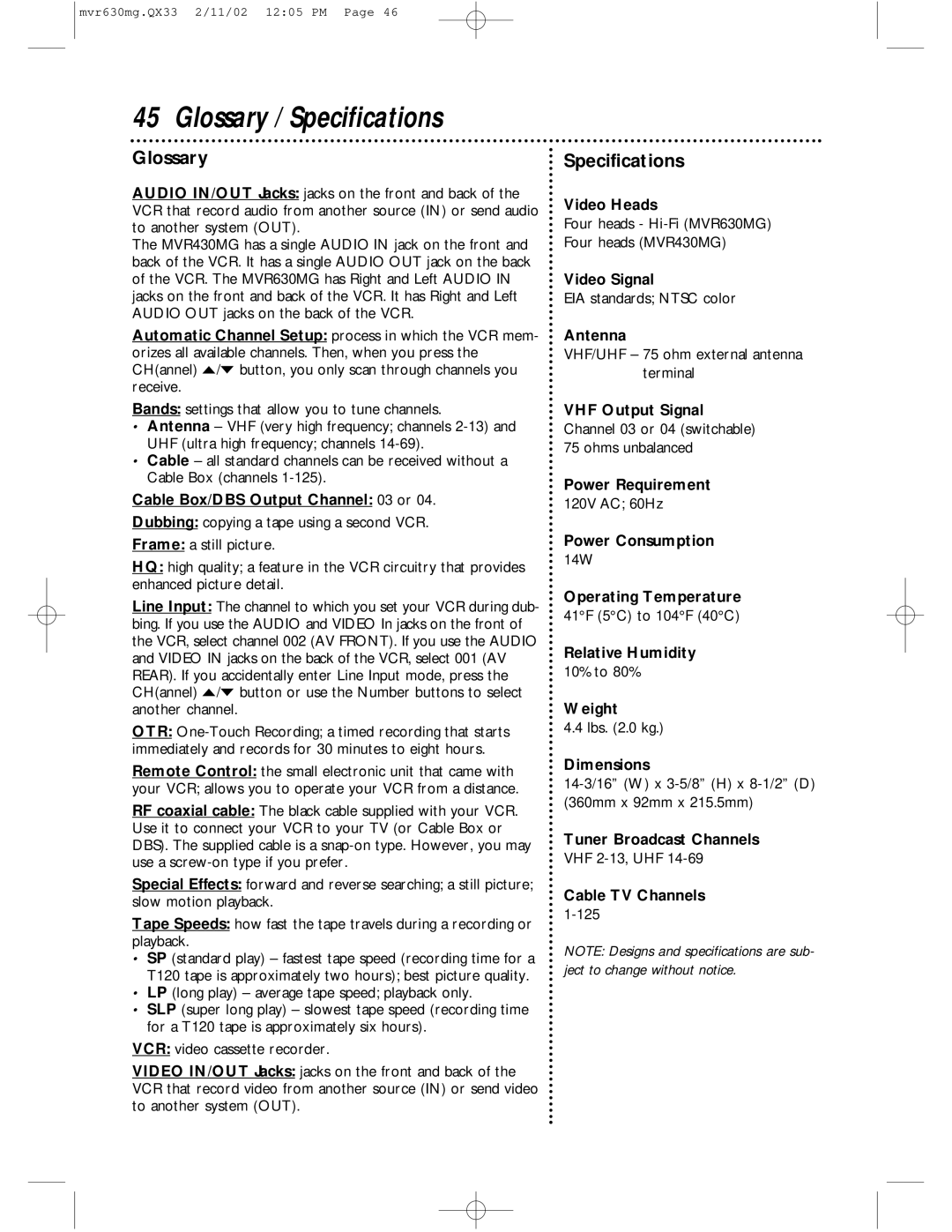 Magnavox MVR430MG, MVR630MG owner manual Glossary / Specifications 