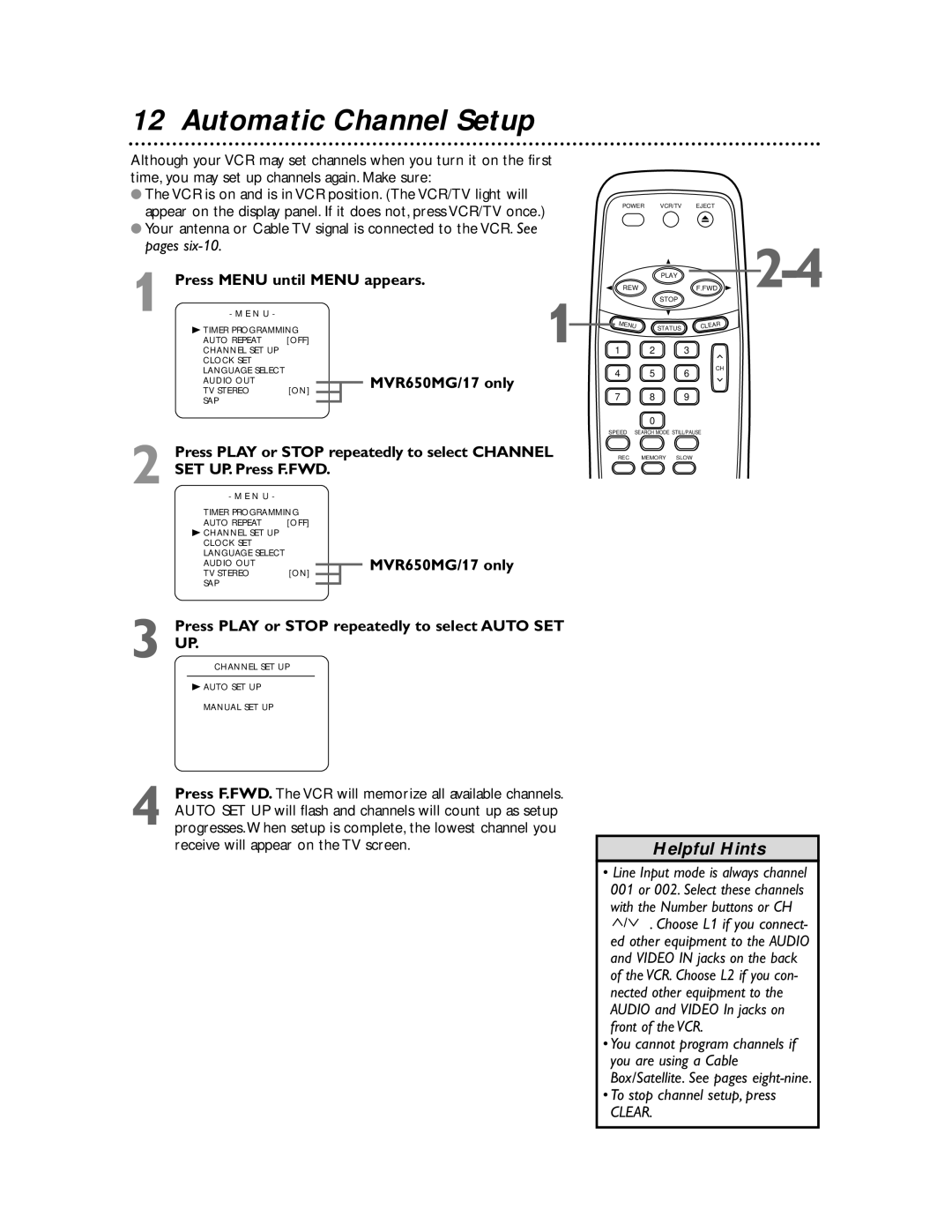 Magnavox MVR450MG/17, MVR440MG/17 owner manual Automatic Channel Setup, Press Menu until Menu appears, MVR650MG/17 only 