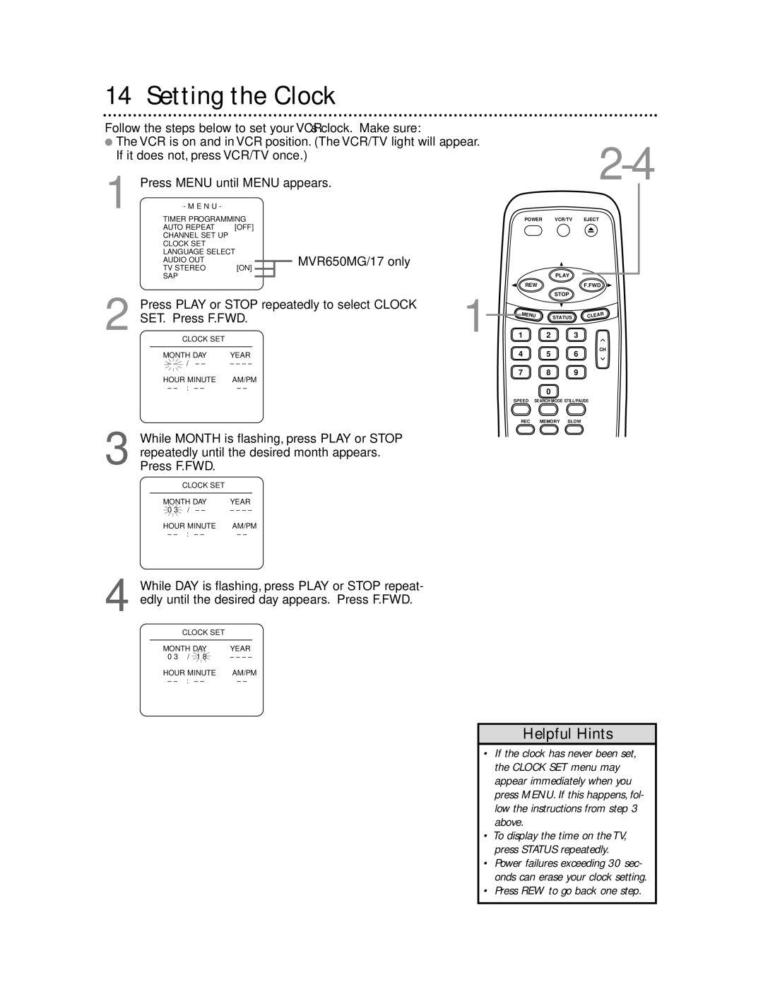 Magnavox MVR440MG/17, MVR650MG/17, MVR450MG/17 owner manual Setting the Clock 