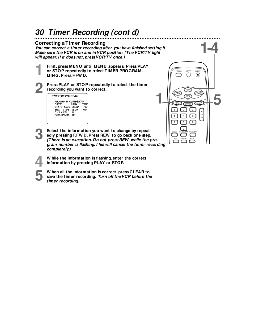 Magnavox MVR650MG/17, MVR450MG/17, MVR440MG/17 owner manual Correcting a Timer Recording 