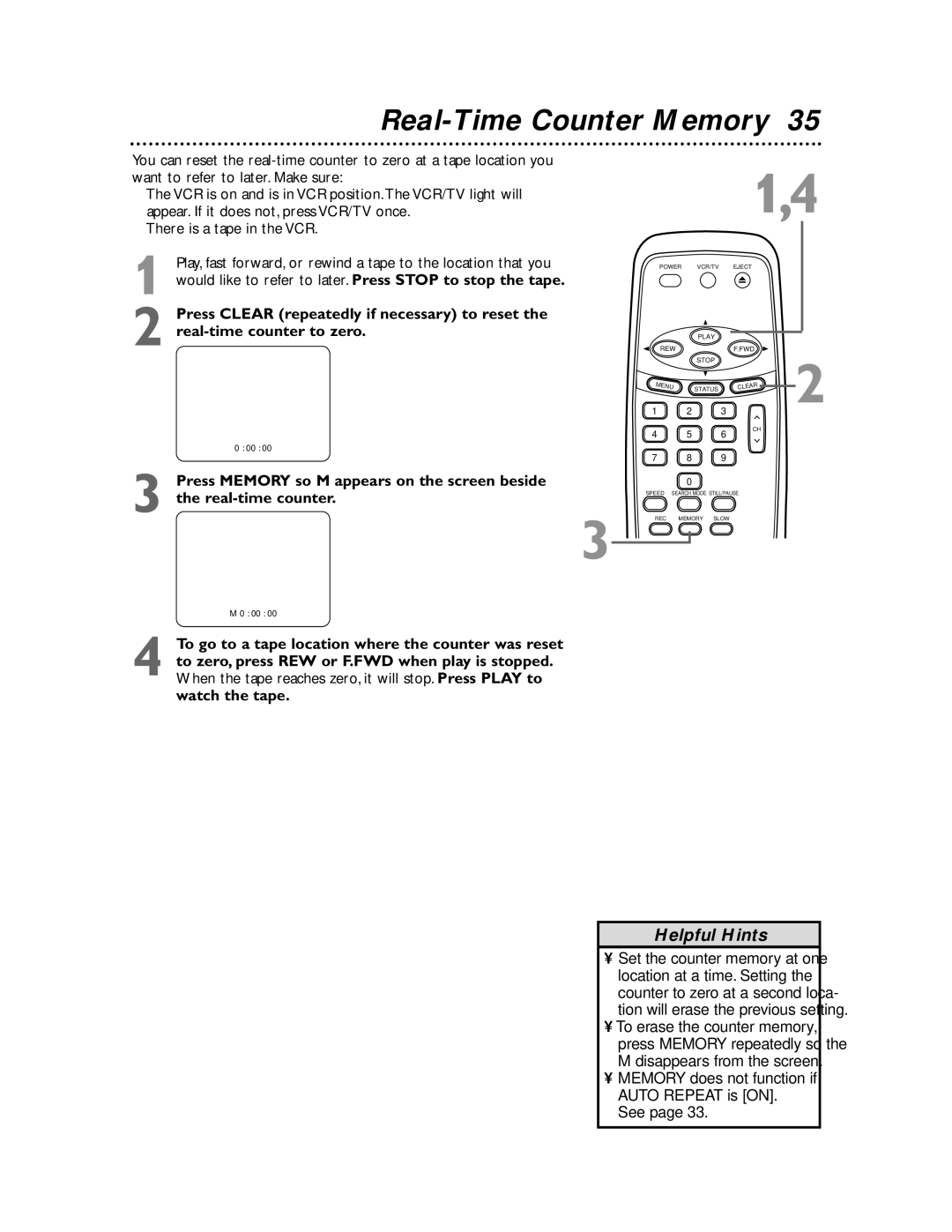 Magnavox MVR440MG/17, MVR650MG/17, MVR450MG/17 owner manual Real-Time Counter Memory 