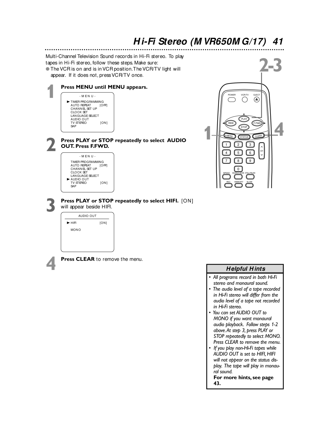 Magnavox MVR440MG/17, MVR650MG/17, MVR450MG/17 Press Play or Stop repeatedly to select Audio, For more hints, see 