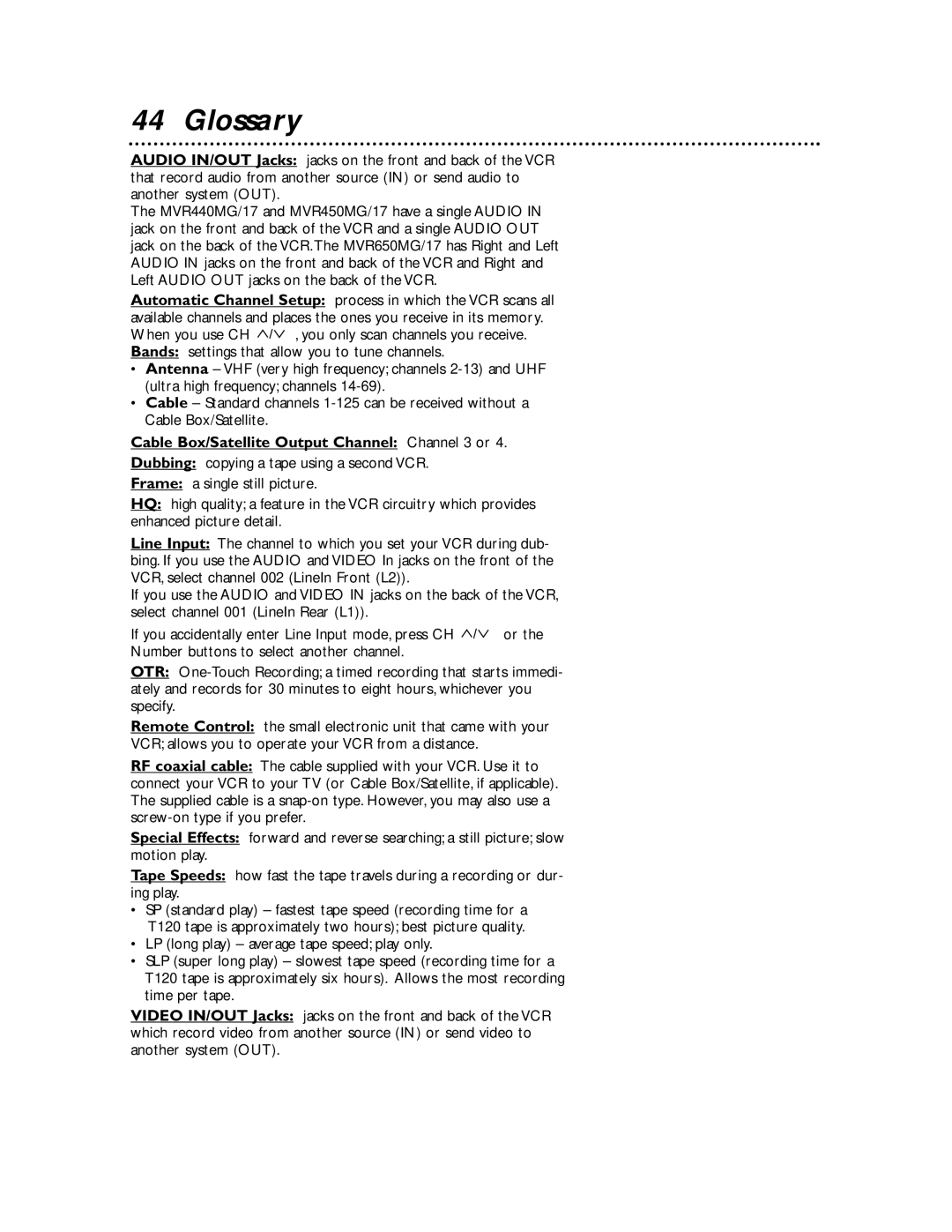 Magnavox MVR440MG/17, MVR650MG/17, MVR450MG/17 owner manual Glossary, Cable Box/Satellite Output Channel Channel 3 or 