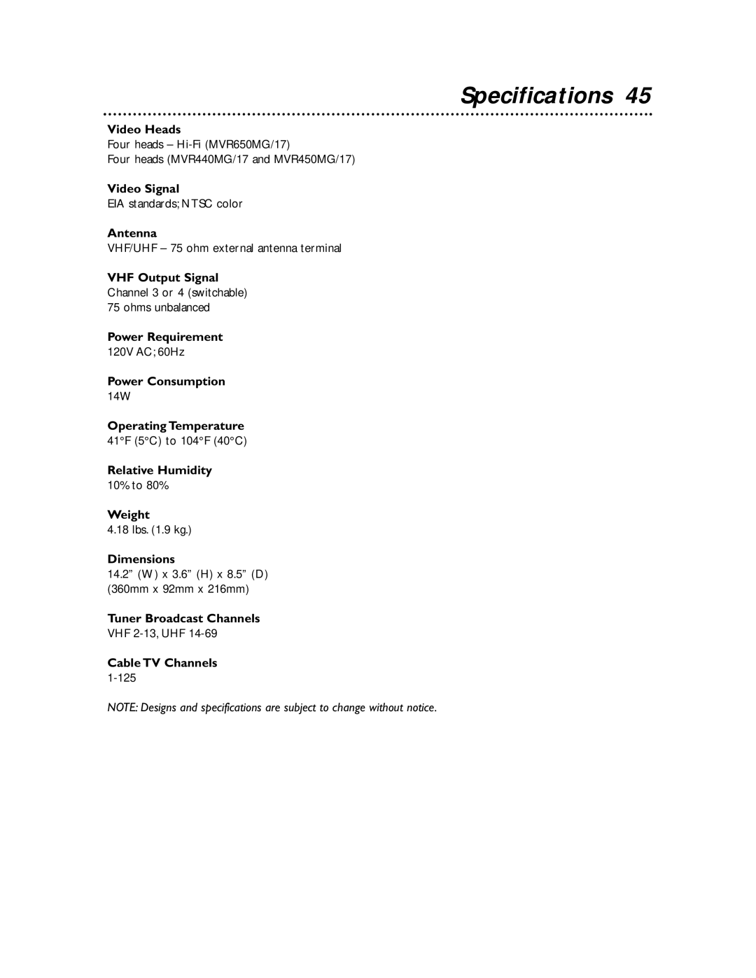 Magnavox MVR650MG/17, MVR450MG/17, MVR440MG/17 owner manual Specifications 