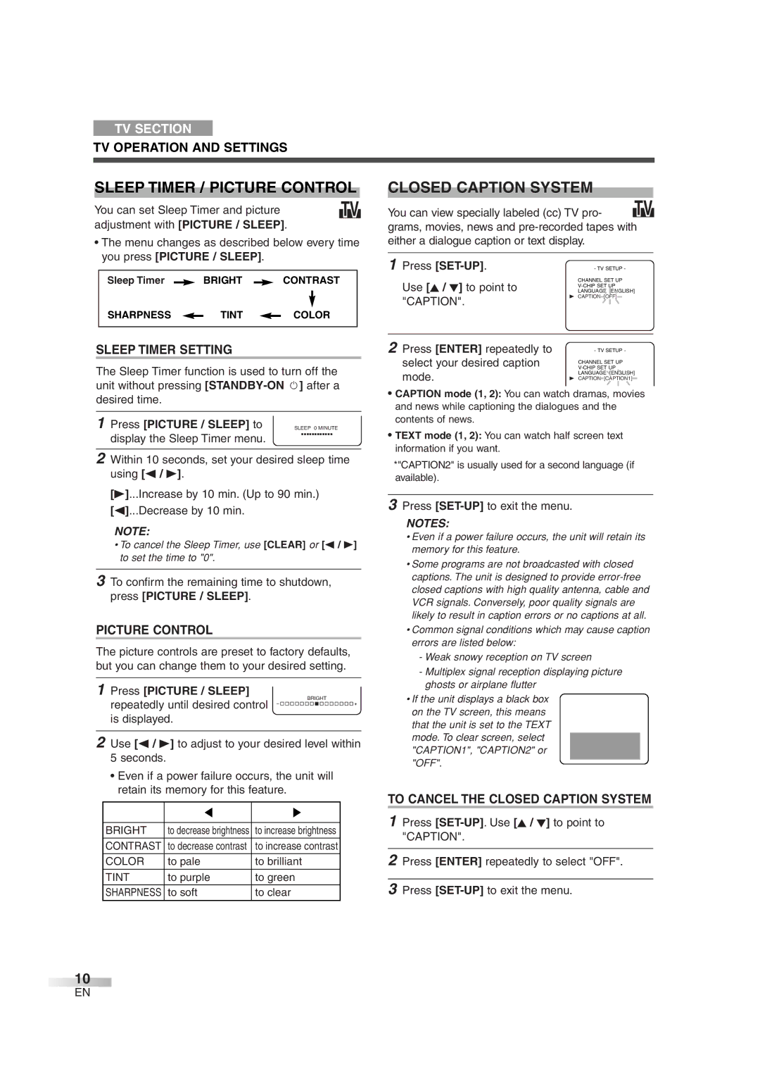 Magnavox MWC20D6 owner manual Sleep Timer / Picture Control, Closed Caption System 