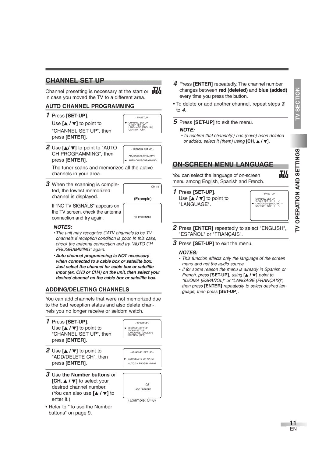 Magnavox MWC20D6 owner manual Channel SET UP, ON-SCREEN Menu Language, Auto Channel Programming, ADDING/DELETING Channels 