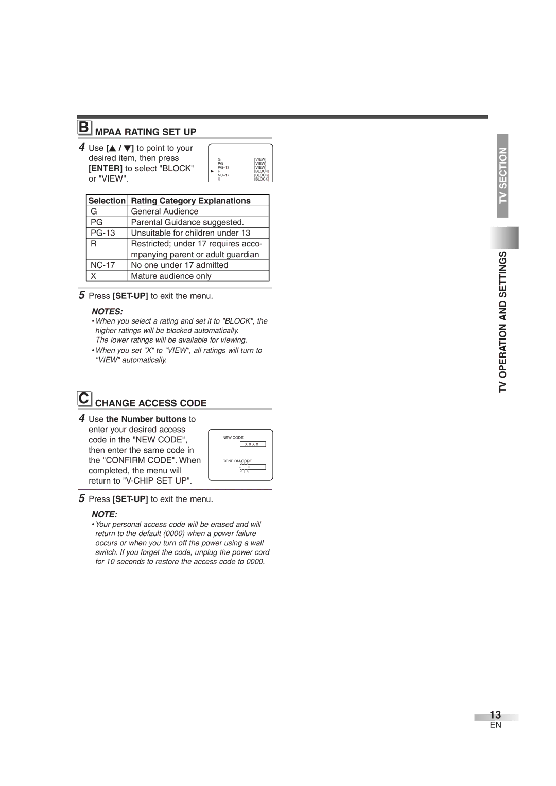 Magnavox MWC20D6 owner manual Mpaa Rating SET UP, Change Access Code, Selection Rating Category 