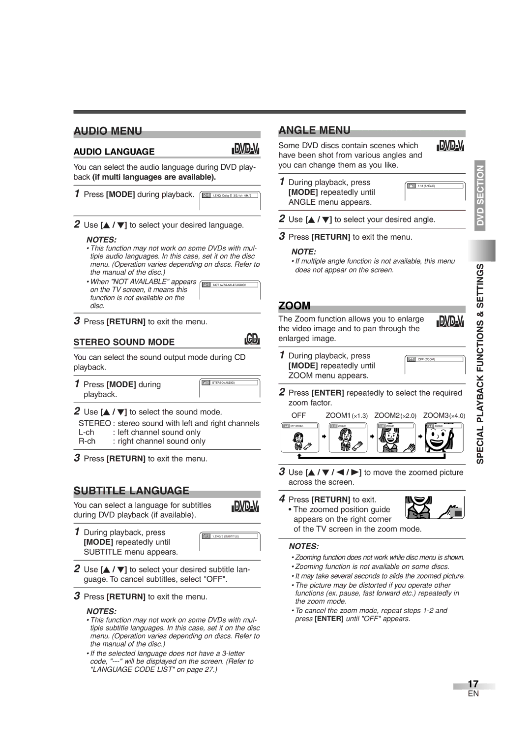 Magnavox MWC20D6 owner manual Audio Menu, Zoom, Subtitle Language 