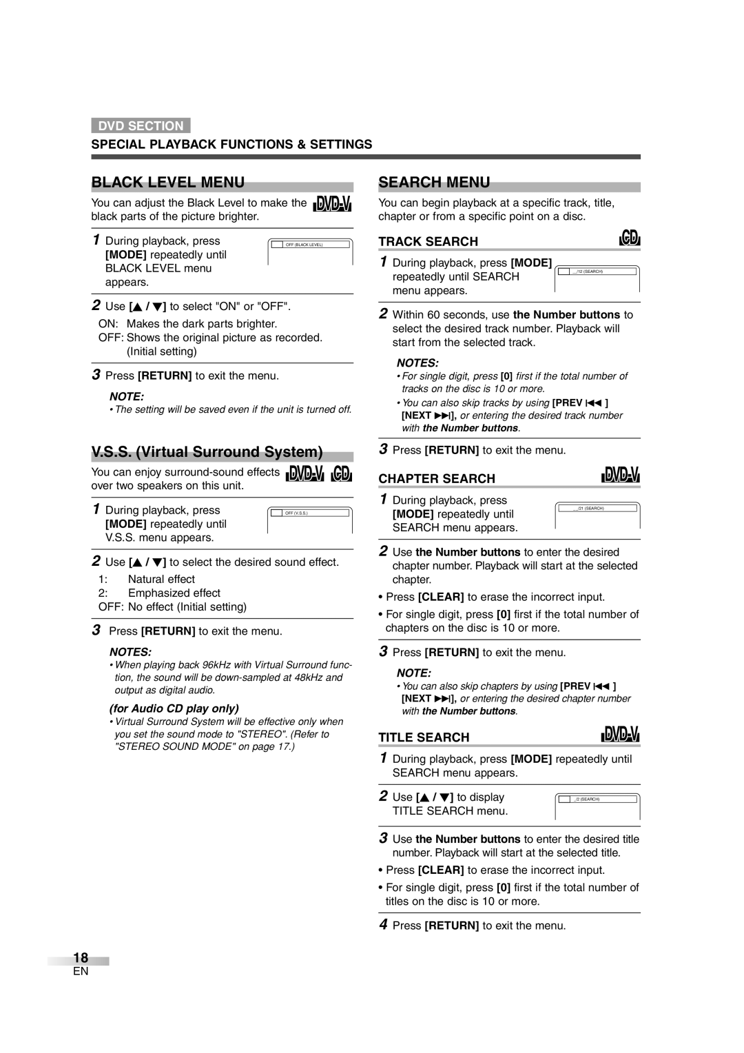 Magnavox MWC20D6 owner manual Black Level Menu, Search Menu 