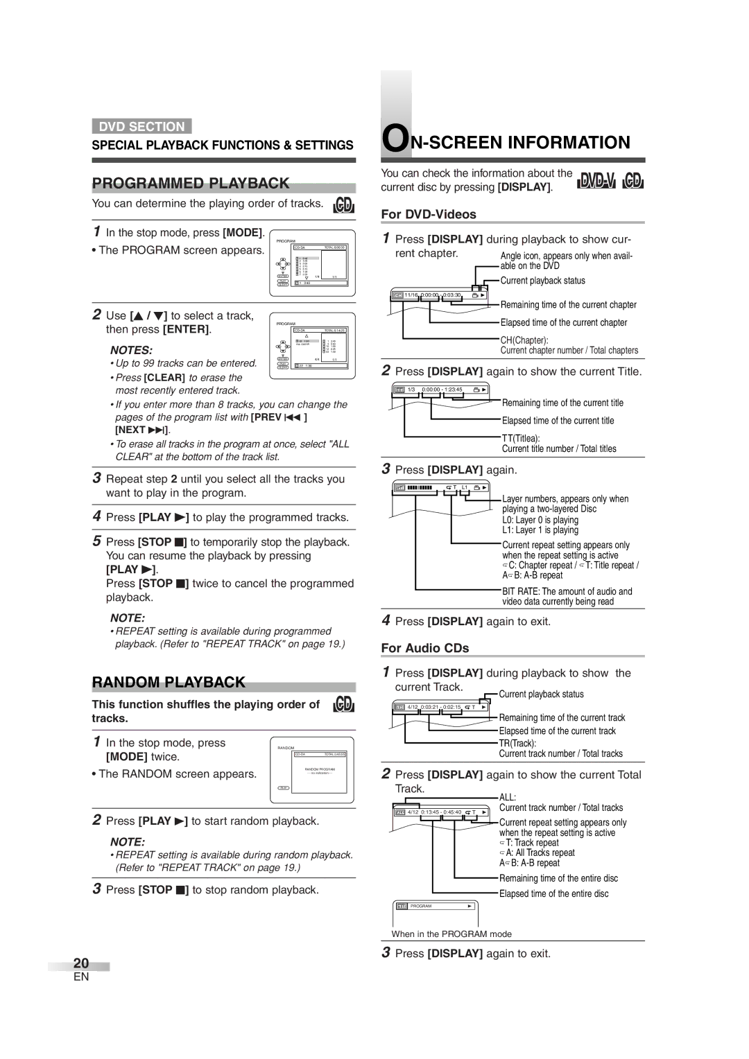 Magnavox MWC20D6 owner manual ON-SCREEN Information, Programmed Playback, Random Playback, Mode twice 