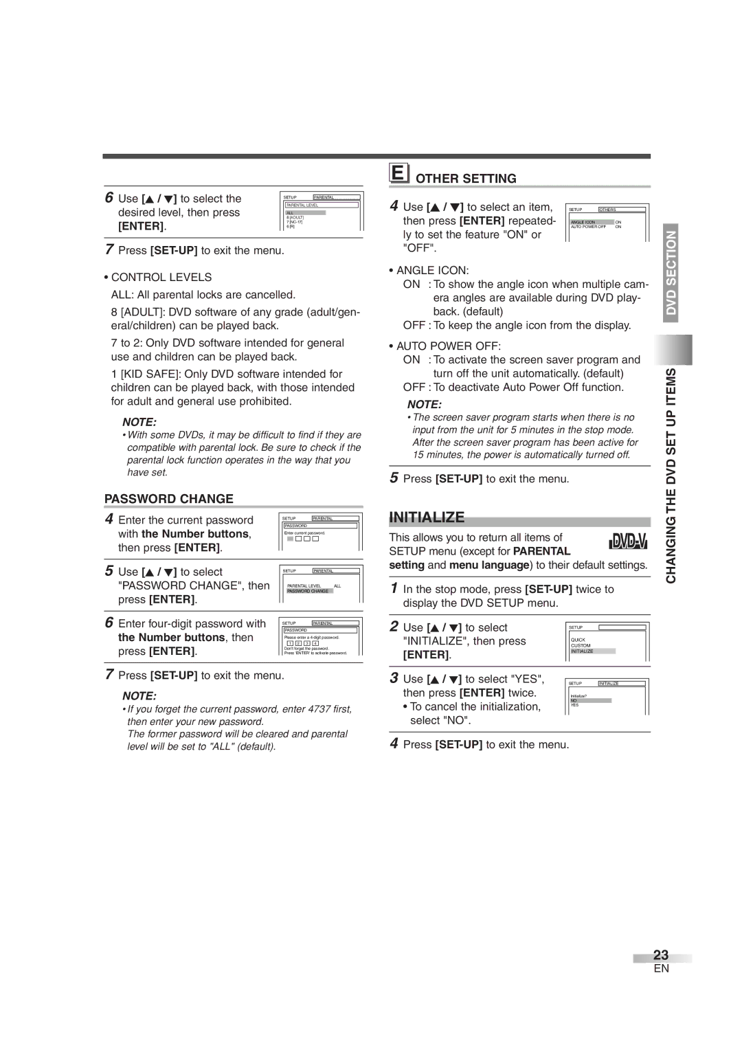 Magnavox MWC20D6 owner manual Initialize, Password Change, Other Setting, Dvd 