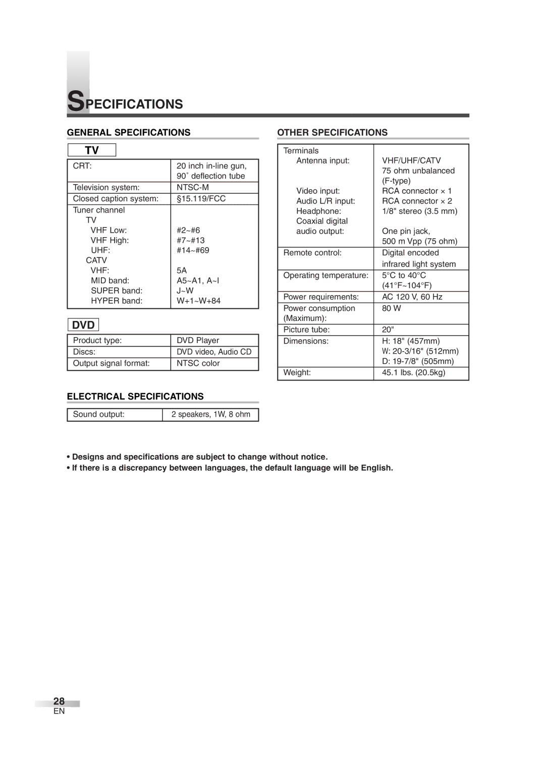 Magnavox MWC20D6 owner manual Dvd, General Specifications, Other Specifications, Electrical Specifications 