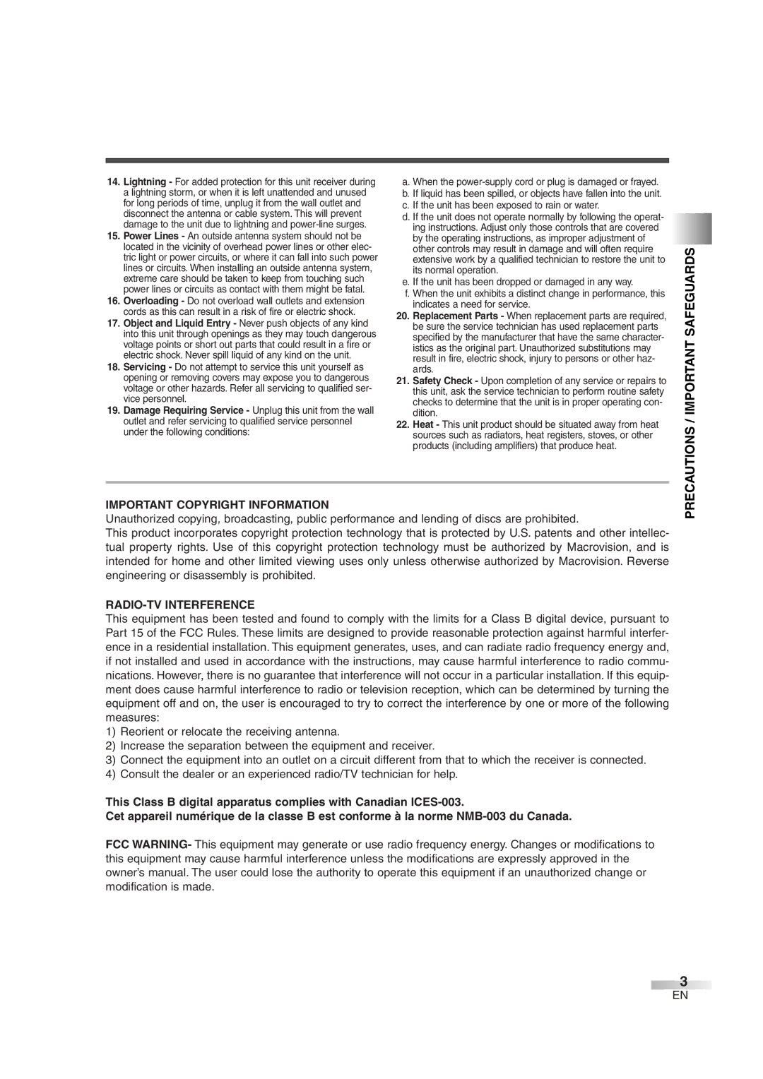 Magnavox MWC20D6 owner manual Precautions / Important Safeguards, Important Copyright Information, RADIO-TV Interference 