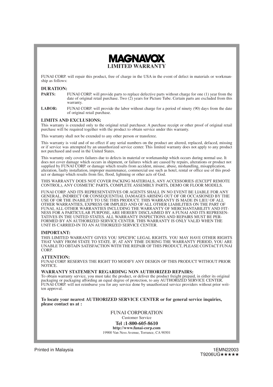 Magnavox MWC20D6 owner manual Limited Warranty 