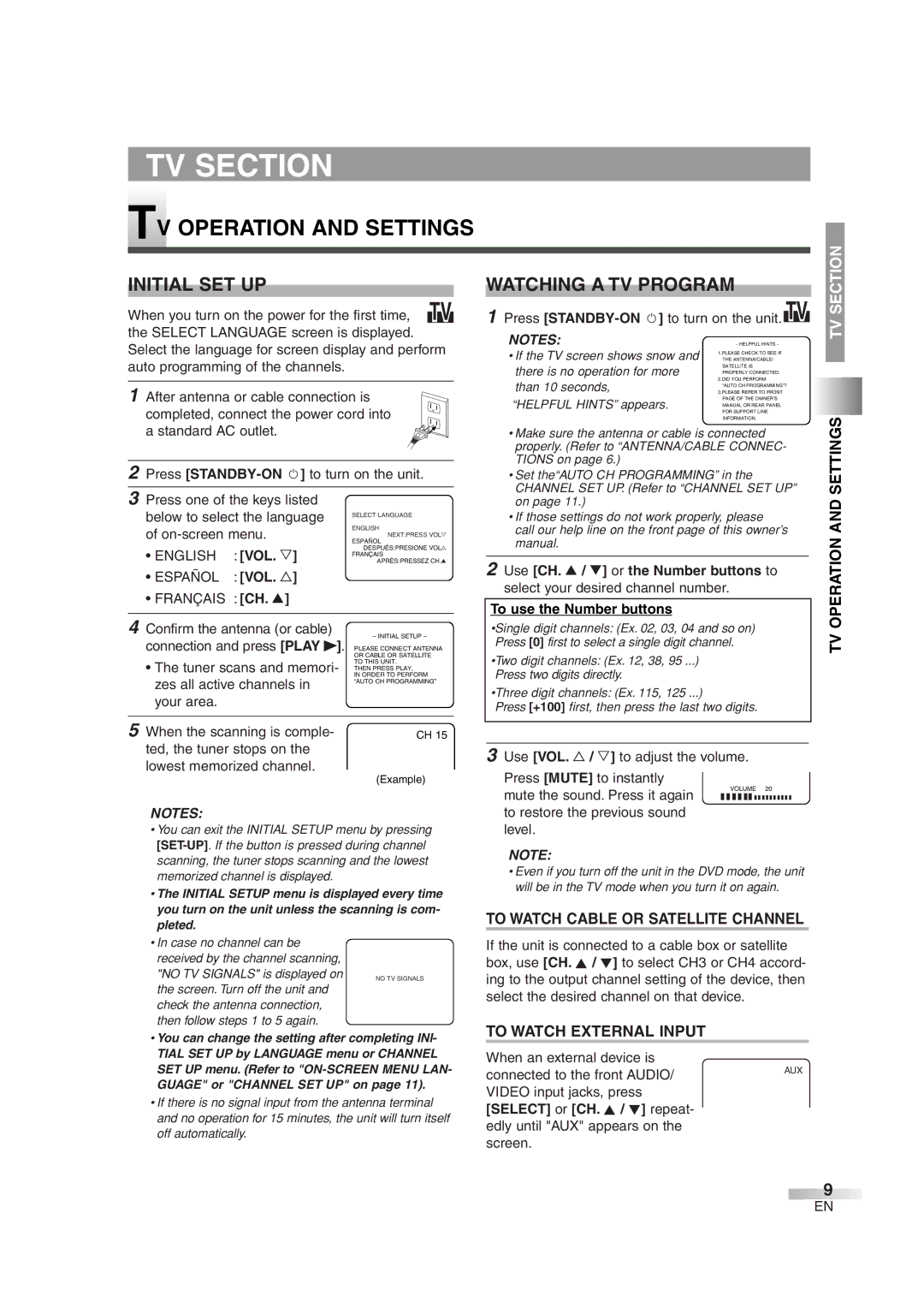 Magnavox MWC20D6 owner manual TV Operation and Settings, Initial SET UP, Watching a TV Program 