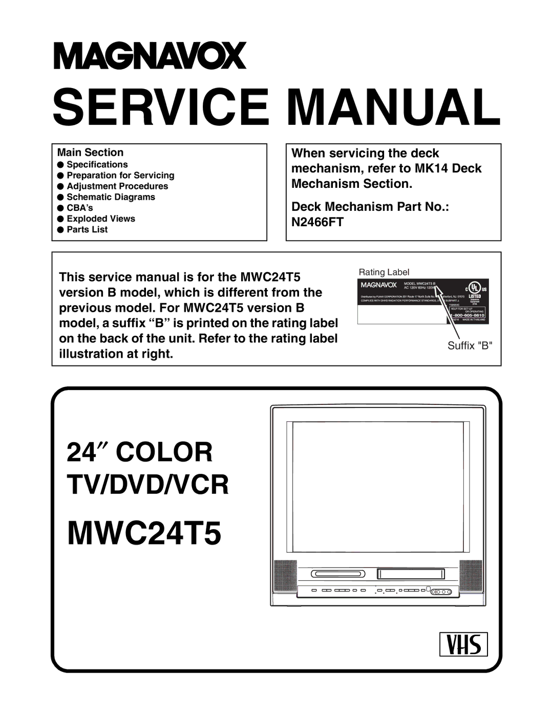 Magnavox MWC24T5 service manual Illustration at right, Main Section, Suffix B, Rating Label 